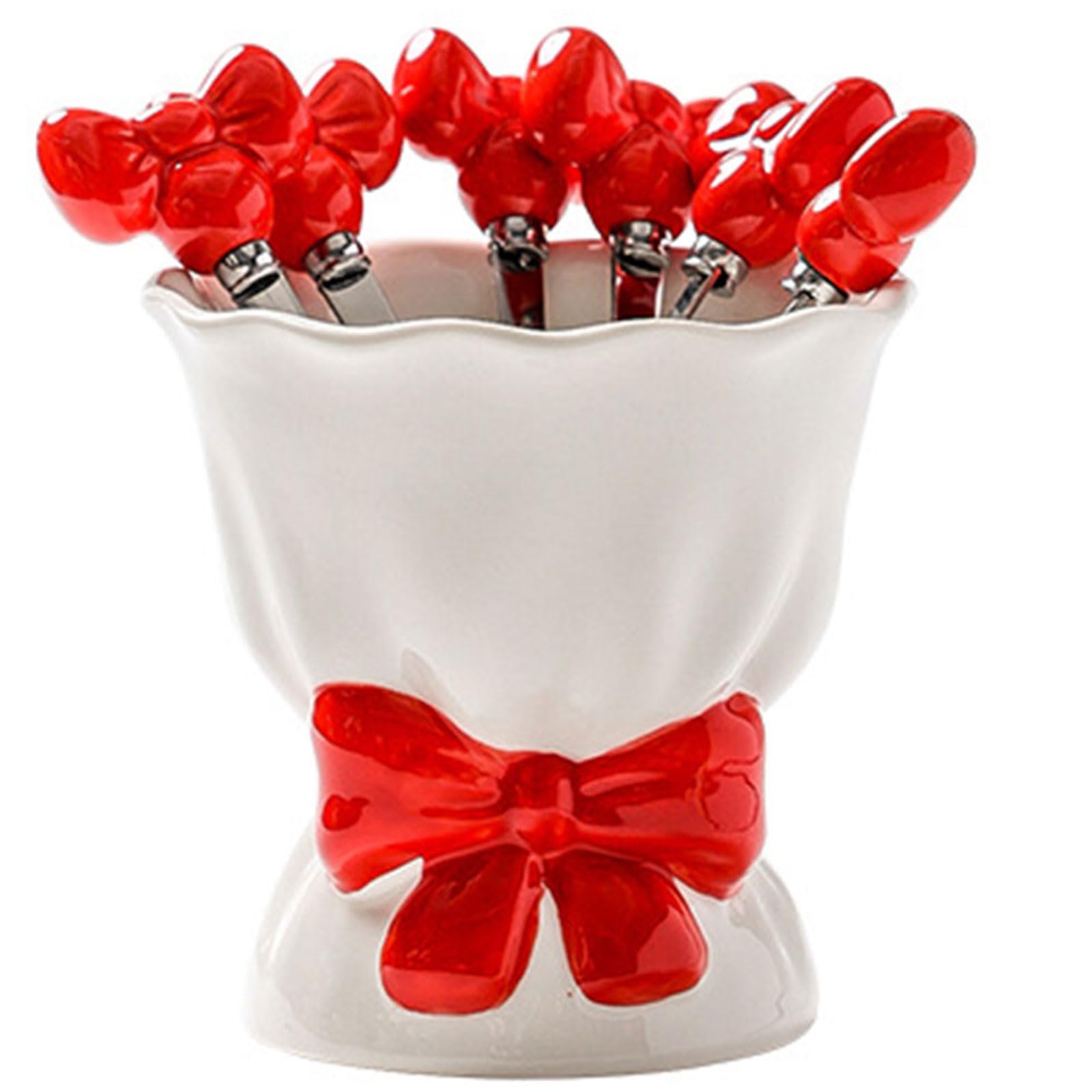 Fourchettes À Fruits Petites Fourchettes À Dessert en Acier Inoxydable avec Noeud Décoratif & Couverts Base Holder pour Maison Cadeau Apéritif Cocktail Fromage