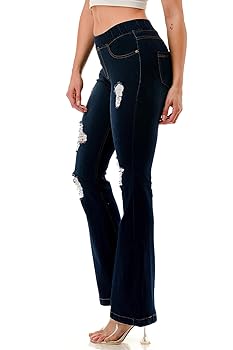 Women's Distressed Pull-On Stretchy Slim Wide Leg Denim Women's Distressed Pull-On Stretchy Slim Wide Leg Denim