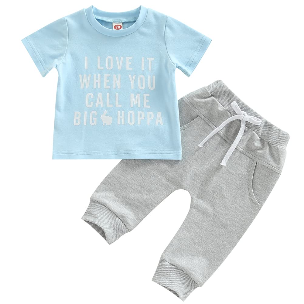 Toddler Baby Boys Easter Outfit Short Sleeve Bunny Letter T-Shirt and Pants Set 6M 12M 18M 24M Boy Clothes (Blue, 2-3 Years)