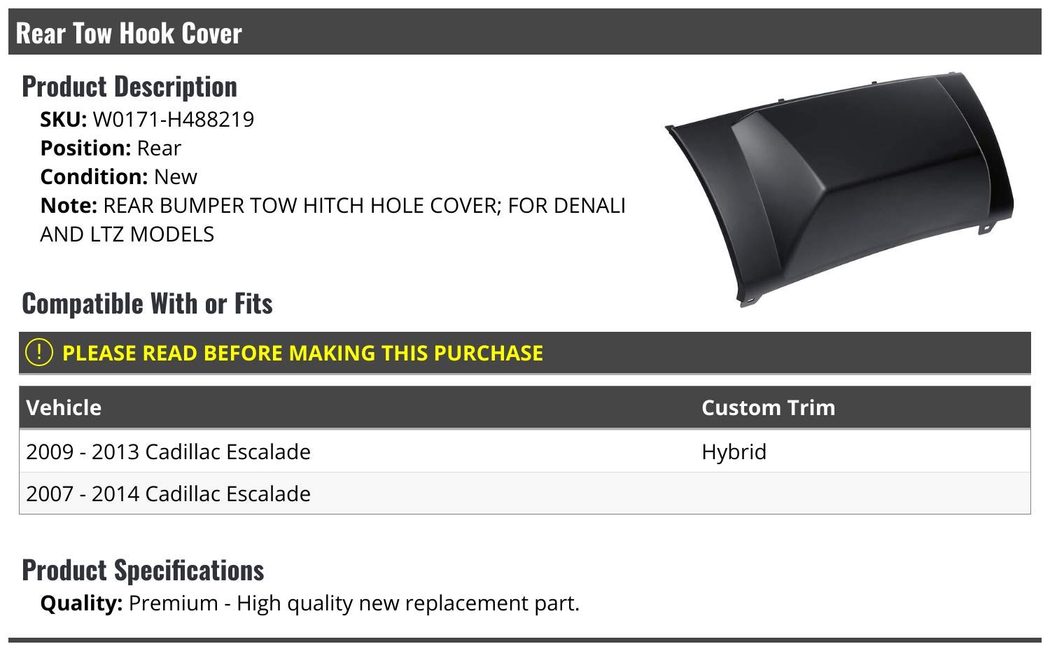Marketplace Auto Parts Rear Bumper Tow Hitch Hook Hole Cover - Compatible With 2007-2014 Cadillac Escalade Denali And Ltz