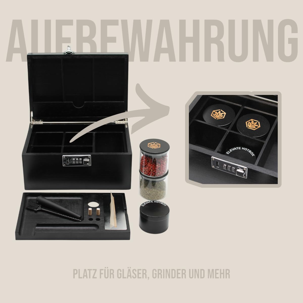 Stash Box aus Bambusholz mit Zahlenschloss | 4-teiliger Premium Grinder aus Metall mit Rolling Tray Set, Paper Spender und zwei geruchsdichte Glasbehälter