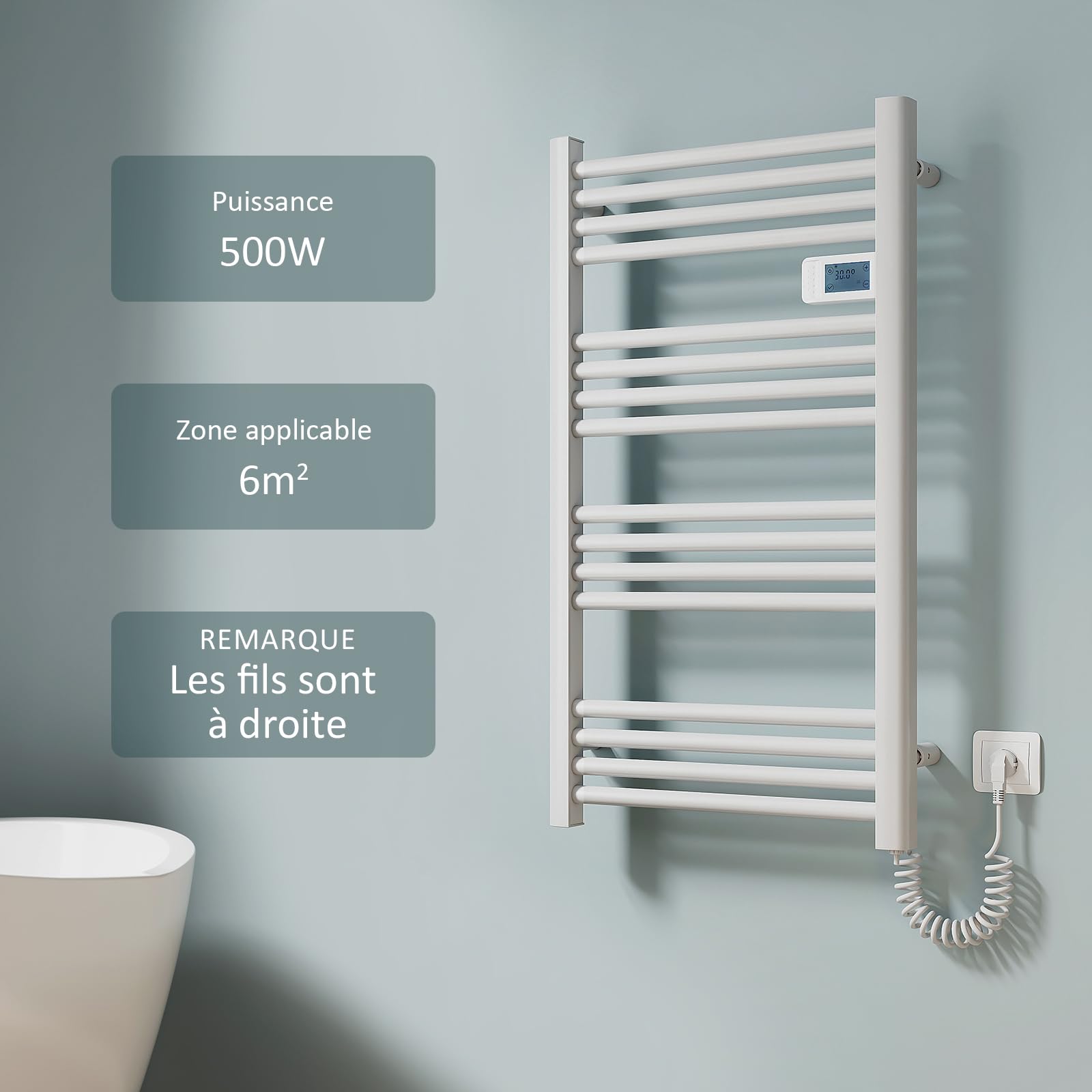 EMKE Seche serviette electrique 96 x 54 cm,500 W, Radiateur salle de bain avec Contrôleur d'affichage numérique, droit Sèche-serviettes électrique (Blanc)
