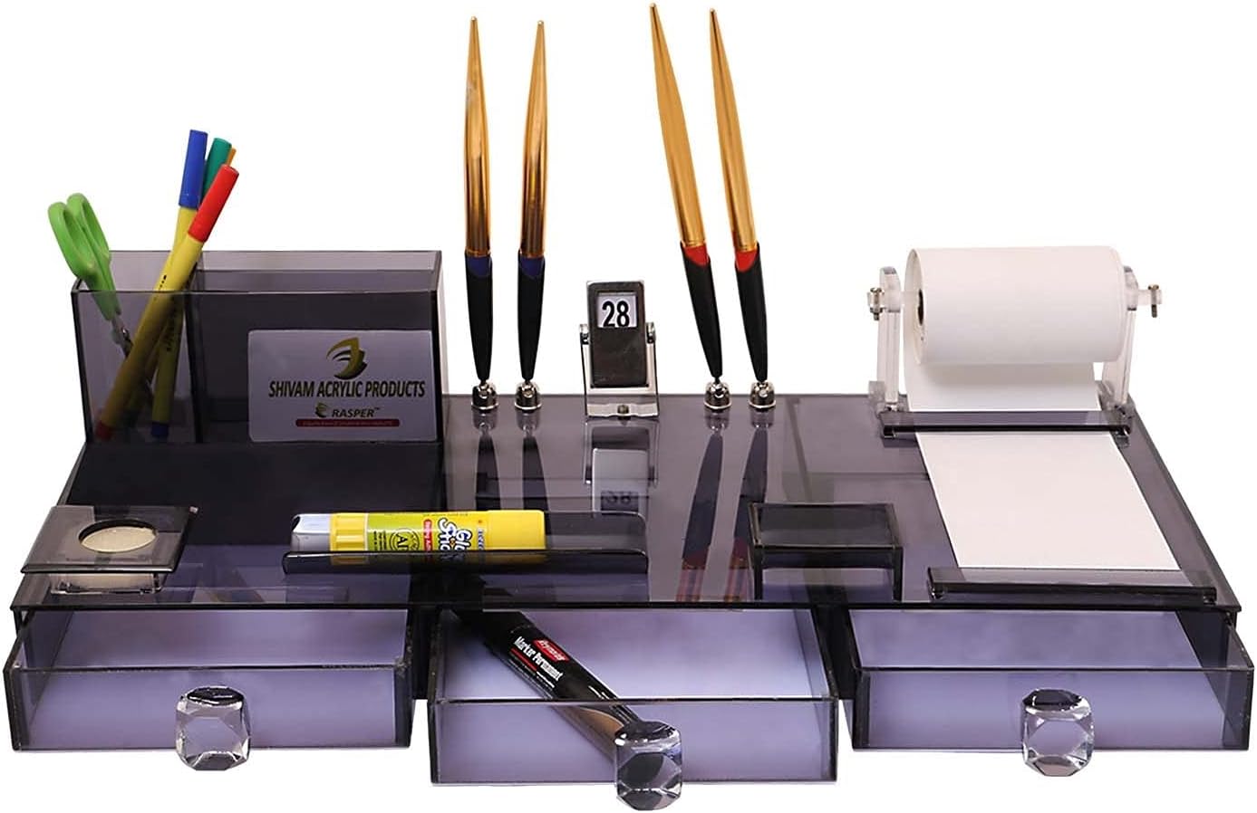 Rasper Executive Series Acrylic Pen Stand Multipurpose Desk Organizer Drawers with Paper Pad Roll (18x8 Inches)