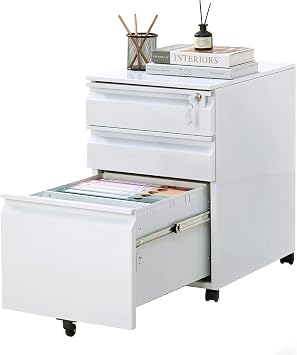 Home Office Metal Filing Cabinet, 3-Drawer Mobile Organizer with Lock and Casters, Holds Letter/A4/Legal Size, Fully Assembled White