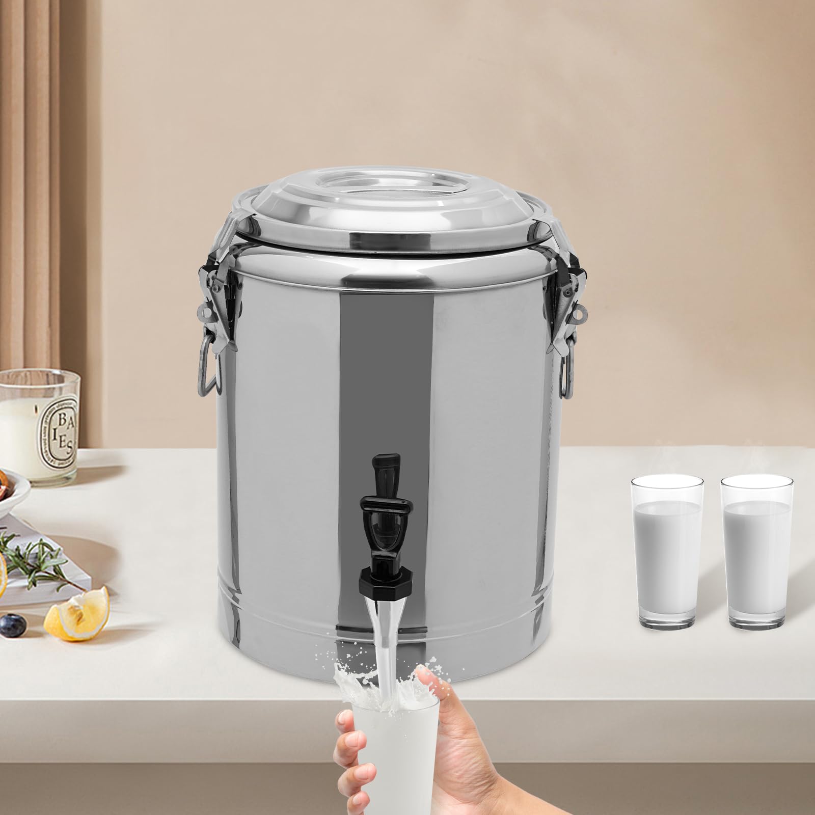 Dispenser per bevande in acciaio inox, 14 l, con coperchio isolante, 8 ore, rubinetto per feste, buffet e campeggio