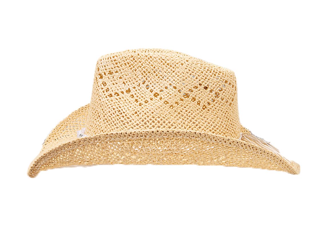 YABINA Western Cowgirl Hat, Straw Cowboy Hat for Women with Shapeable Brim, Beaded Trim, Shapeable Cowboy Hat (Beige)