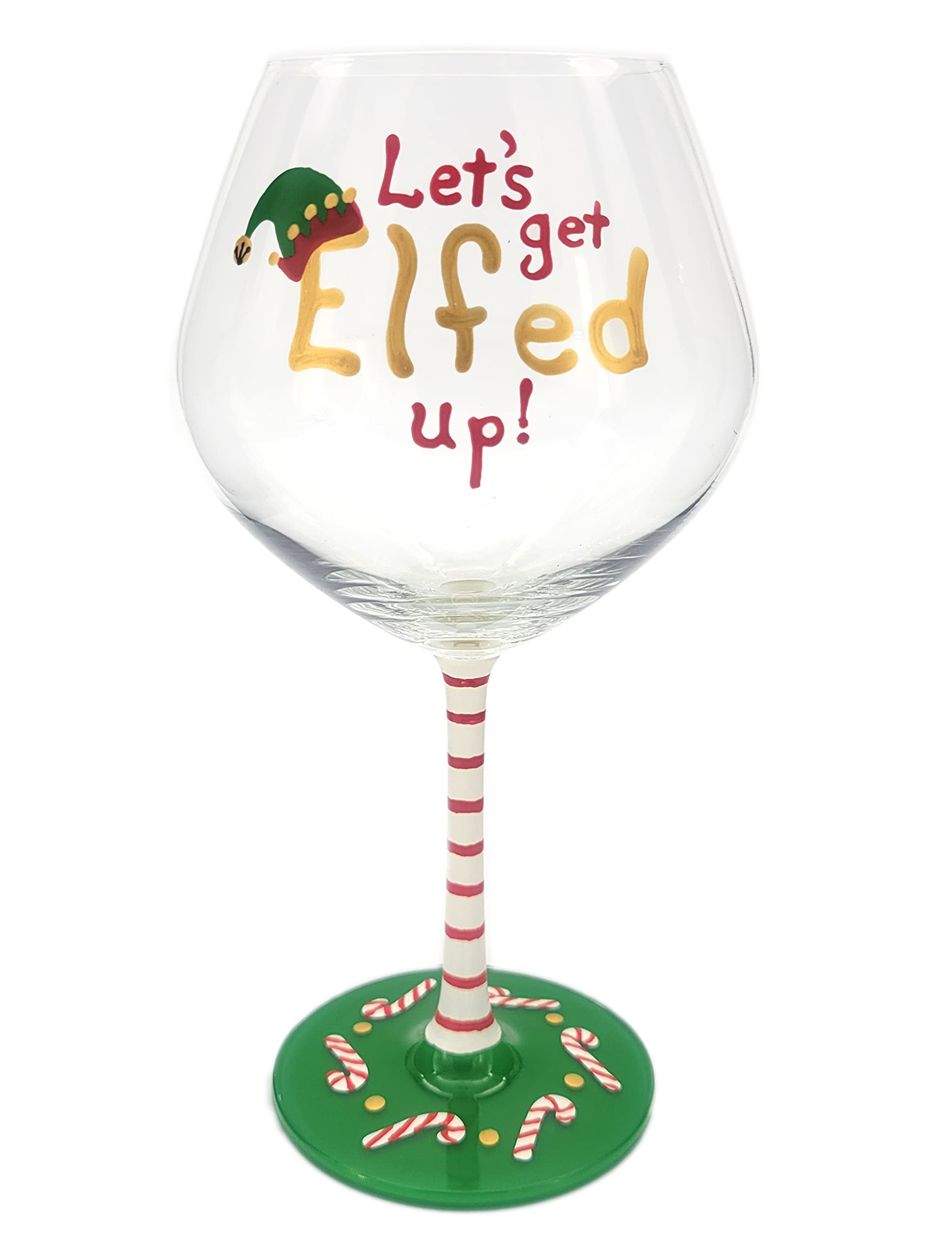 Elf Themed Wine Glass - Hand Painted - Let's Get Elfed Up! - Holiday, Christmas Glasses
