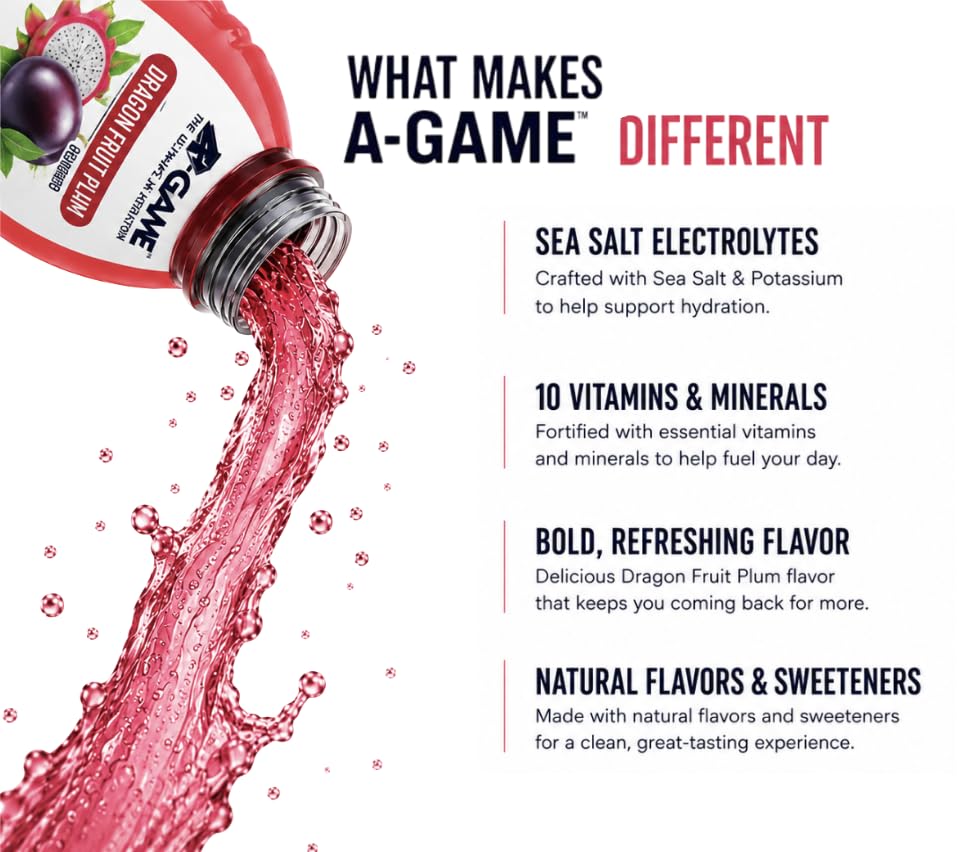 Image of A-GAME Electrolyte Drink, Dragon Fruit Plum Flavor, 12 Pack