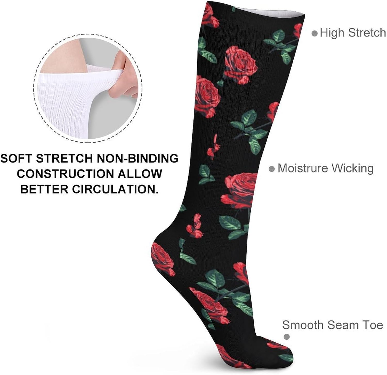 Beast Rose Beauty Print Knee High Socks 40 cm | Breathable & Soft, Moisture Wicking, High Stretch, Smooth Seam Toe, Wear-Resisting