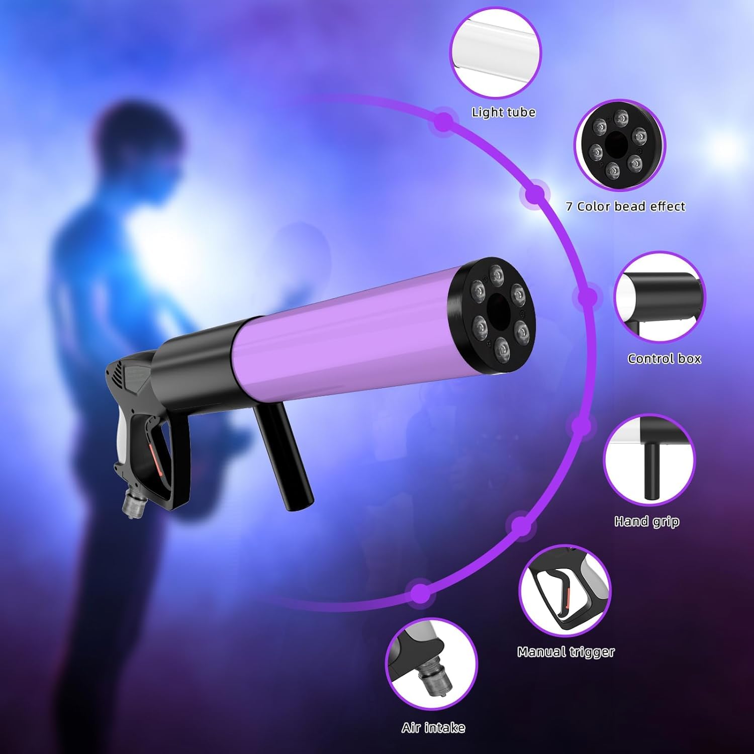 CO2, pistola del fumo, 2 pezzi per la sera, 6 LED RGB Beads, per bar, serata, spettacolo musicale, Halloween, Natale