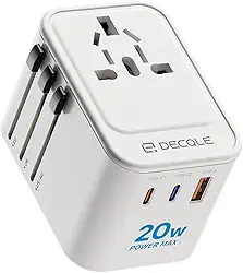 decqle Adaptador de tomada universal, adaptador de viagem com 2 USB-C (PD 20W) e 1 USB-A, adaptador universal para UE, Reino Unido, americano, Canadá, Austrália e 224 país(branco)