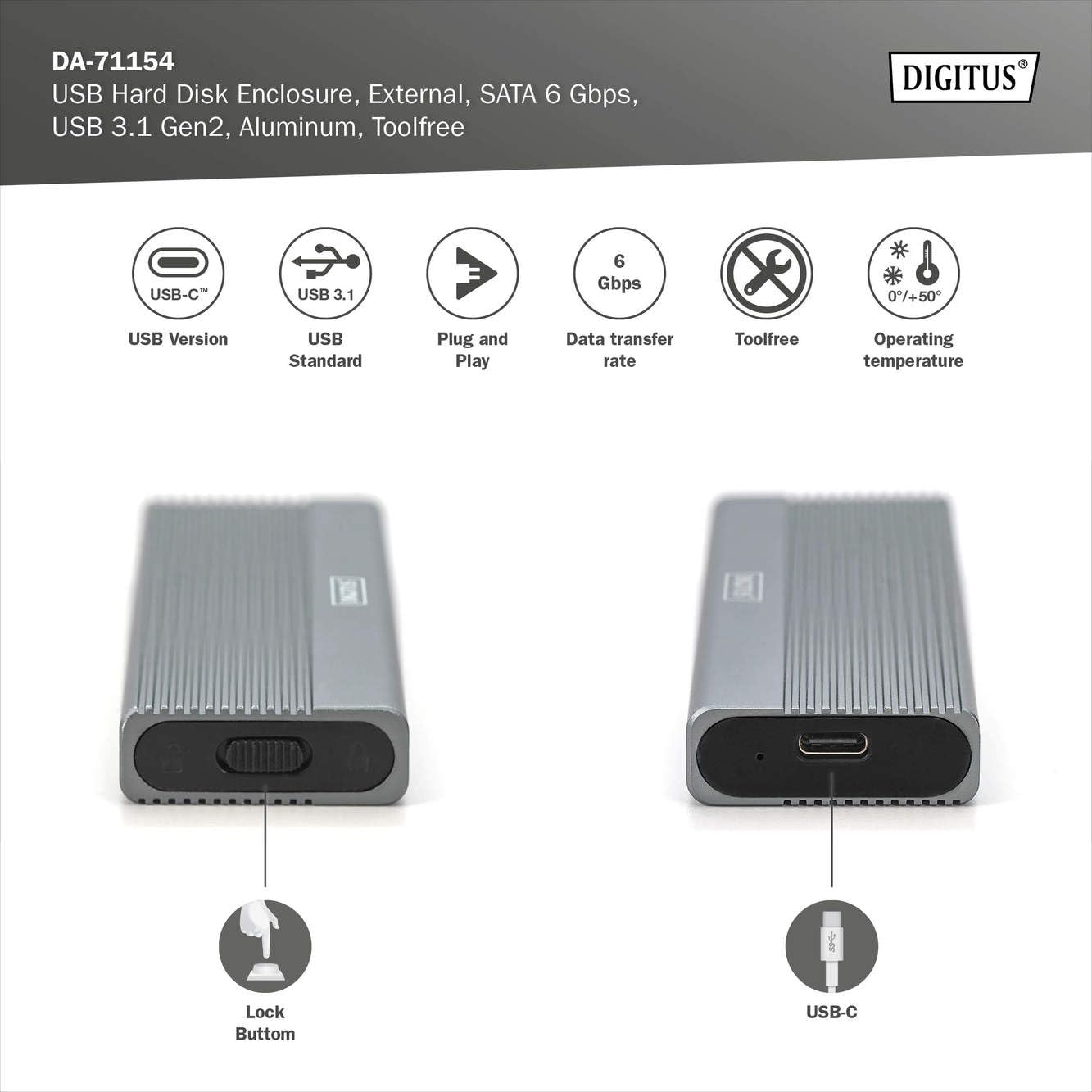 DIGITUS alloggiamento esterno M.2 - USB 3.1 Gen2 Type-C - 6 Gbit/s - Supporta SSD SATA fino a 8 TB - per SSD 2230/2242/2260/2280 con B-Key - Senza attrezzi - Alloggiamento in alluminio - Grigio