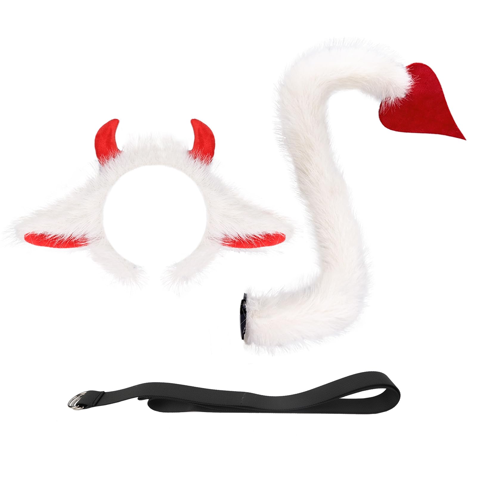 Faux Fur Plush Bull Cow Ears and Tail Set Cute Animal Theme Costume Headwear Devil Horns Headband with Long Tail for Adult Halloween Carnival Cosplay Fancy Dress Party Stage Performance Supplies
