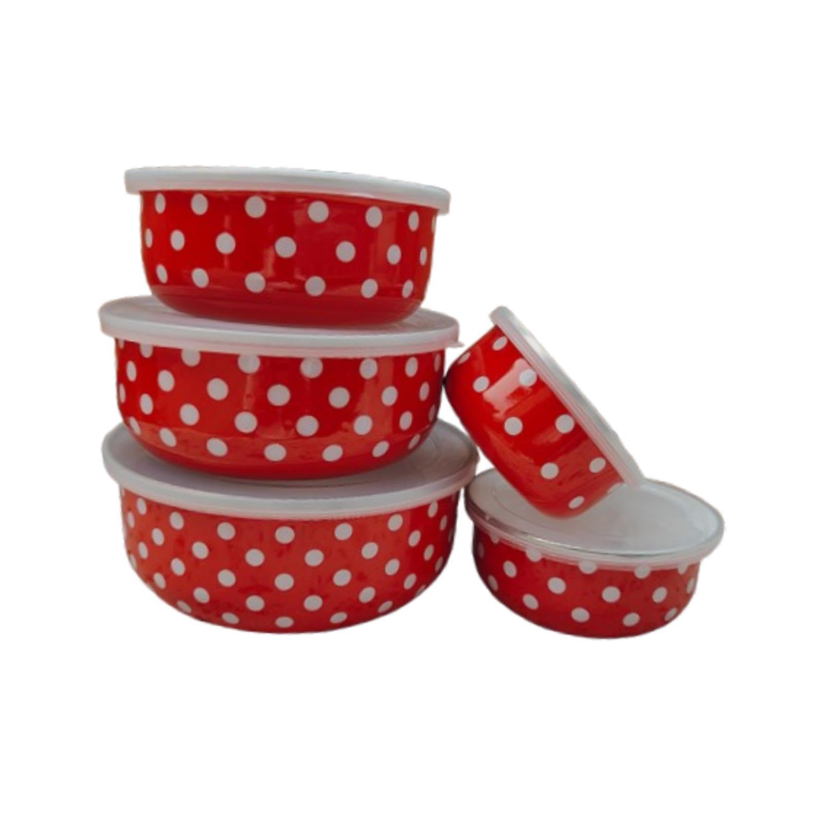 Sharplace 5pcs Email Bedeckte Schalen Lagerbehälter Tabelle Geschirr Mehrzwecknistlager -Set Früchte Salatschalen zum Vorbereiten des Backens, Rot
