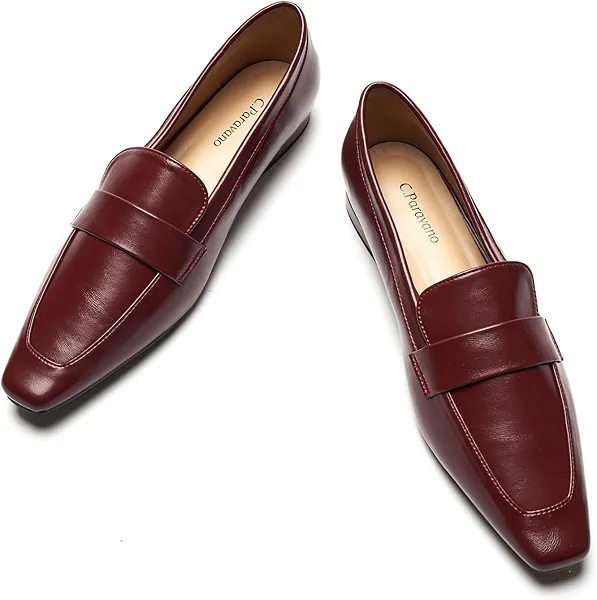 C.Paravano Women's Flat Loafers, Slip-on Penny Loafers for Formal & Casual Wear, Square Toe Comfort Flats for Office 7 L1-red