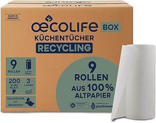 Küchentücher Box Recycling, 9 Rollen á 200 Blatt, Kurzblatt, Küchenrollen Großpackung, plastikfrei, nachhaltig, Haushaltsrollen, Allzwecktücher, Papiertücher, Papierhandtücher, Küchenpapier