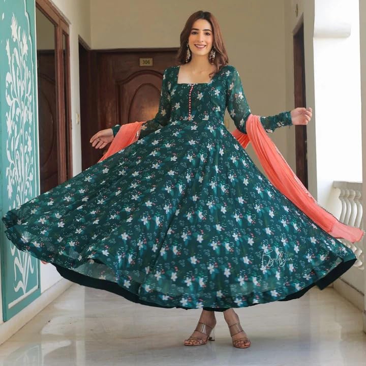 Image of KD Women Pure Georgette Floral Print Anarkali Kurta Pant Set with Dupatta Anarkali Kurti for Women