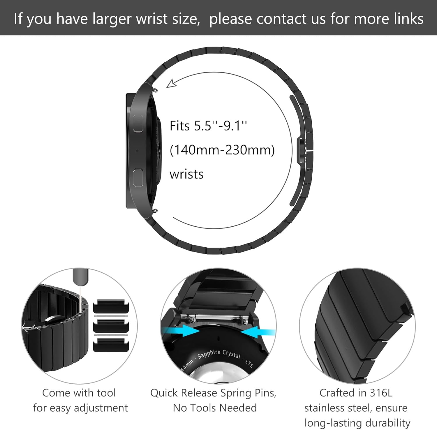 WINGLE(ウィングル) Samsung Galaxy Watchストラップに対応。20mmステンレススチールメタルストラップ、G