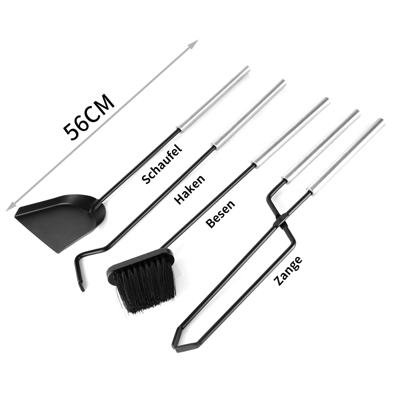 ADGO Set Caja De Herramientas Juego De Chimenea Parrilla De 5 Piezas: Soporte, Atizador, Espátula, Cepillo, Pinzas, Acero Inoxidable Forjado, Metal Moderno, Lacado En Negro