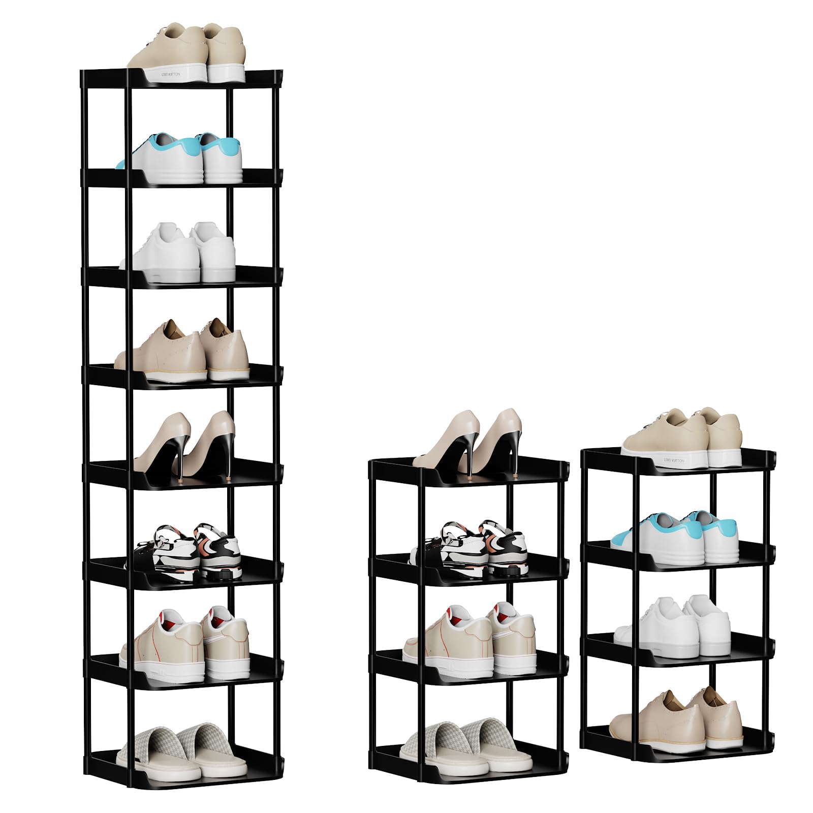 SZSHYNJ 8 Tier Tall Narrow Shoe rack, Vertical Single Shoerack for Slim Spaces, Plastic Corner Show Shelf, Stackable Thin Shoes Storage Organiser for Hallway, Bedroom, Stairs, Entryway, Black