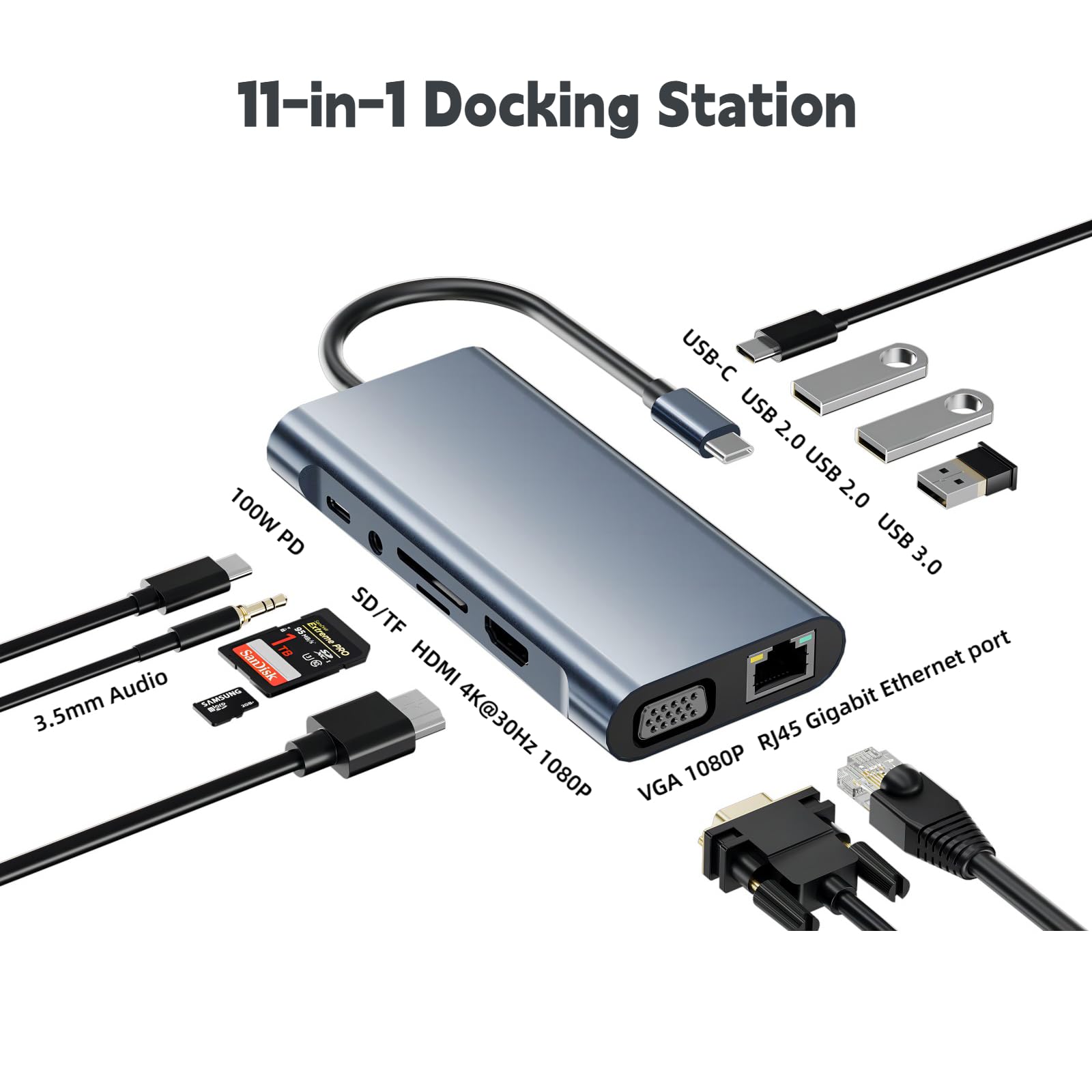 Hub USB C, adattatore USB C 11 in 1 docking station con HDMI 4K, VGA, 100W PD, USB3.0/2.0, RJ45 Gigabit Ethernet, lettore di schede SD/TF, audio da 3,5 mm, compatibile con MacBook Pro/Air, altri