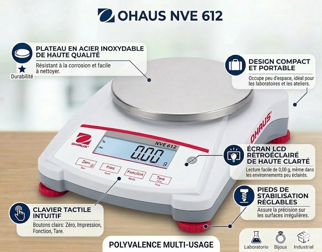 Bilancia elettronica di precisione Ohaus NVE-612 – Capacità 610 g, risoluzione 0,01 g