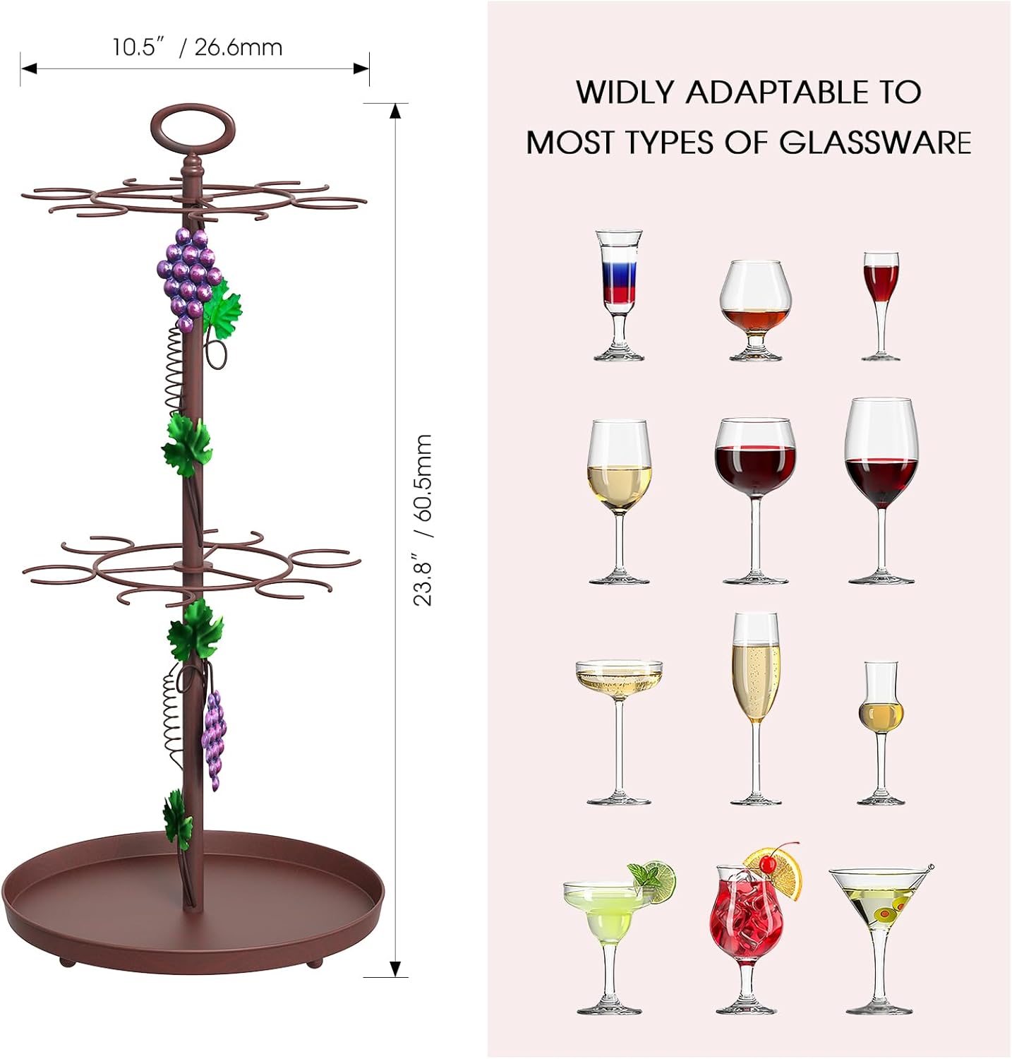Freestanding Wine Rack with Glass Holder, Countertop Champagne Bottle & Hanging Wine Glass Holder Stand, Tabletop Stemware Storage Rack with 6 Hooks for Kitchen, Dining Table, Bar Display