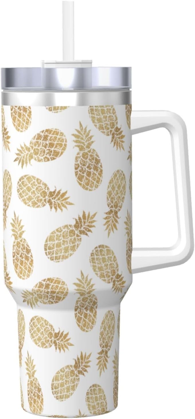 40 OZ golden pineapple background Print Ice Bully Cup with Handle Straw Lid Straw,Stainless Steel Tumbler Coffee Cup