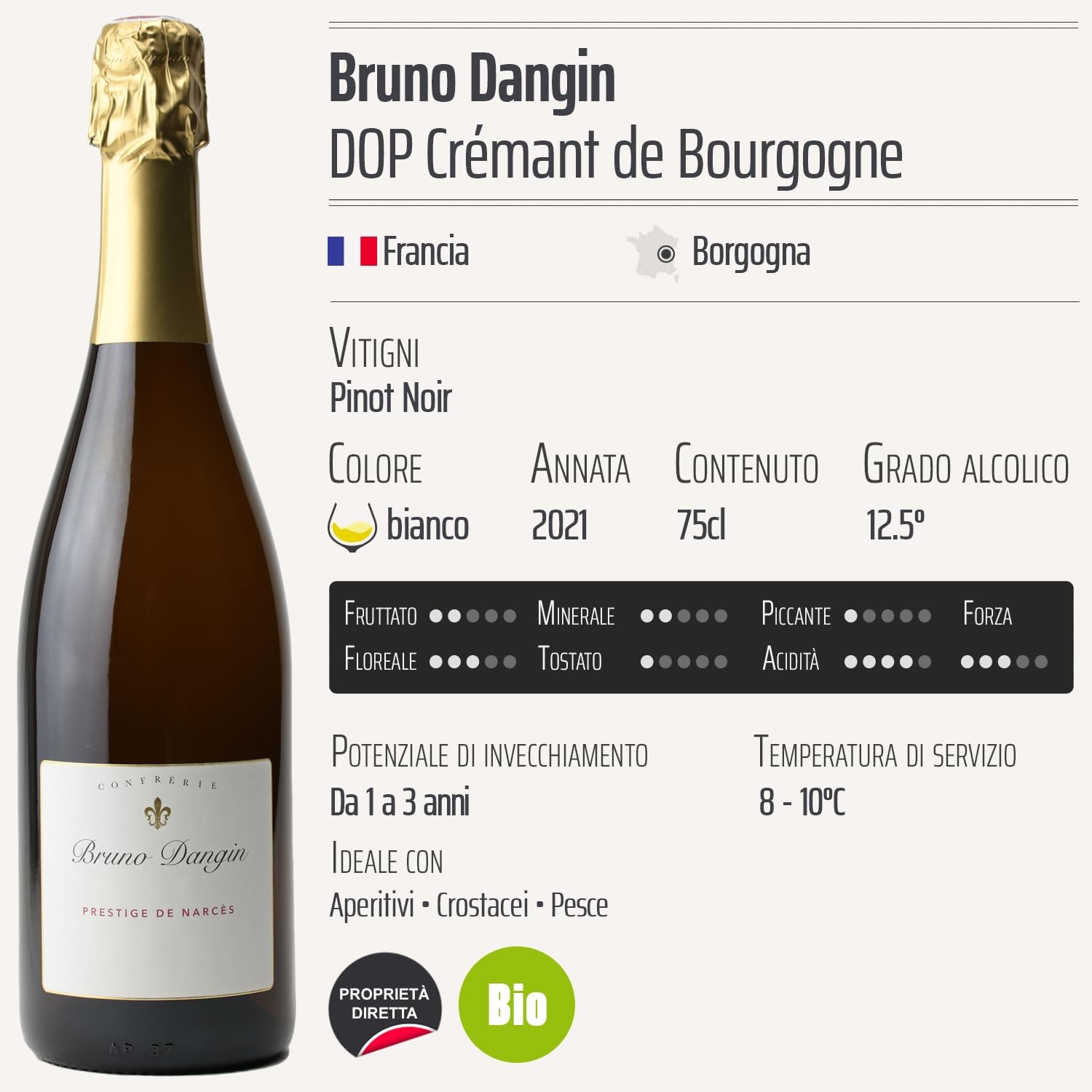 Crémant de Bourgogne Prestige de Narcès Extra-Brut bianco 2021 - Organico - Bruno Dangin - DOP - Borgogna - Francia - Vitigni Pinot Noir - 12x75cl