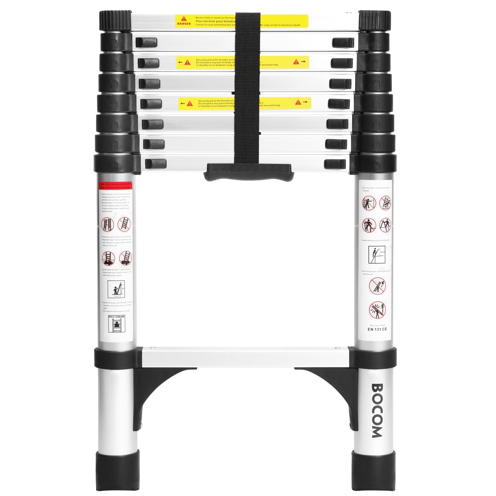 Photo 1 of BOCOM 8.5 FT Aluminum Telescoping Ladder, Lightweight Multi-Purpose Collapsible Extension with 2 Triangle Stabilizers, Heavy Duty 330 lbs Max Capacity, Ideal for Home, RV, and Outdoor Work Silver
