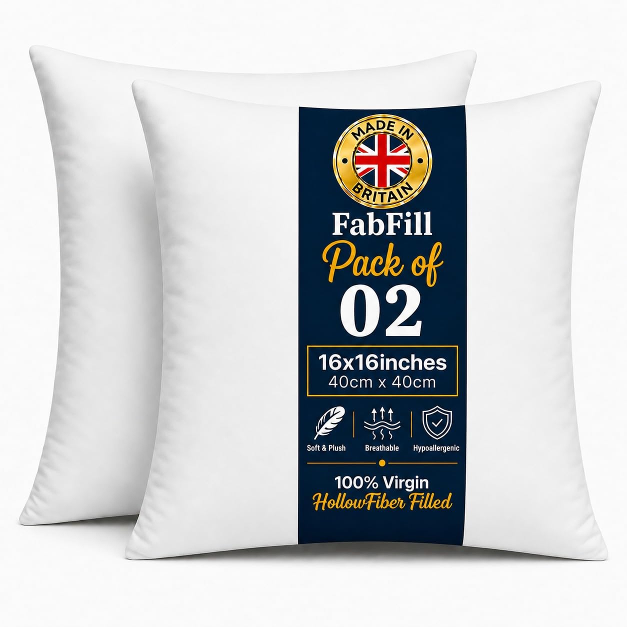 FabFill Cushion Inserts, Luxury Hollow Fibre Cushion Pads, Soft Fluffy Square Pillow Fillings for Sofa, Bedroom & Home Decoration, Made in UK (40X40CM (16X16), Set of 2)