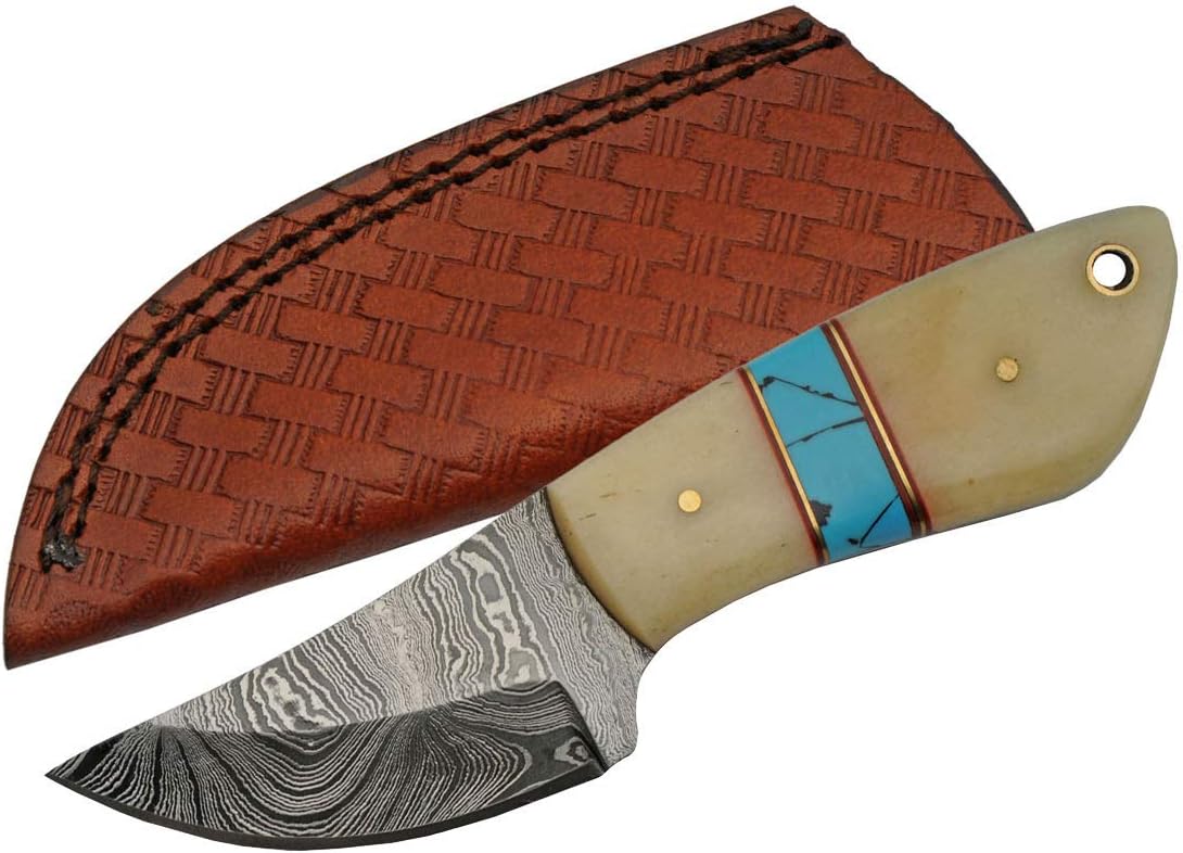 Szco Supplies Damascus Steel Blue Bone Skinning Knife, White, 6 inches
