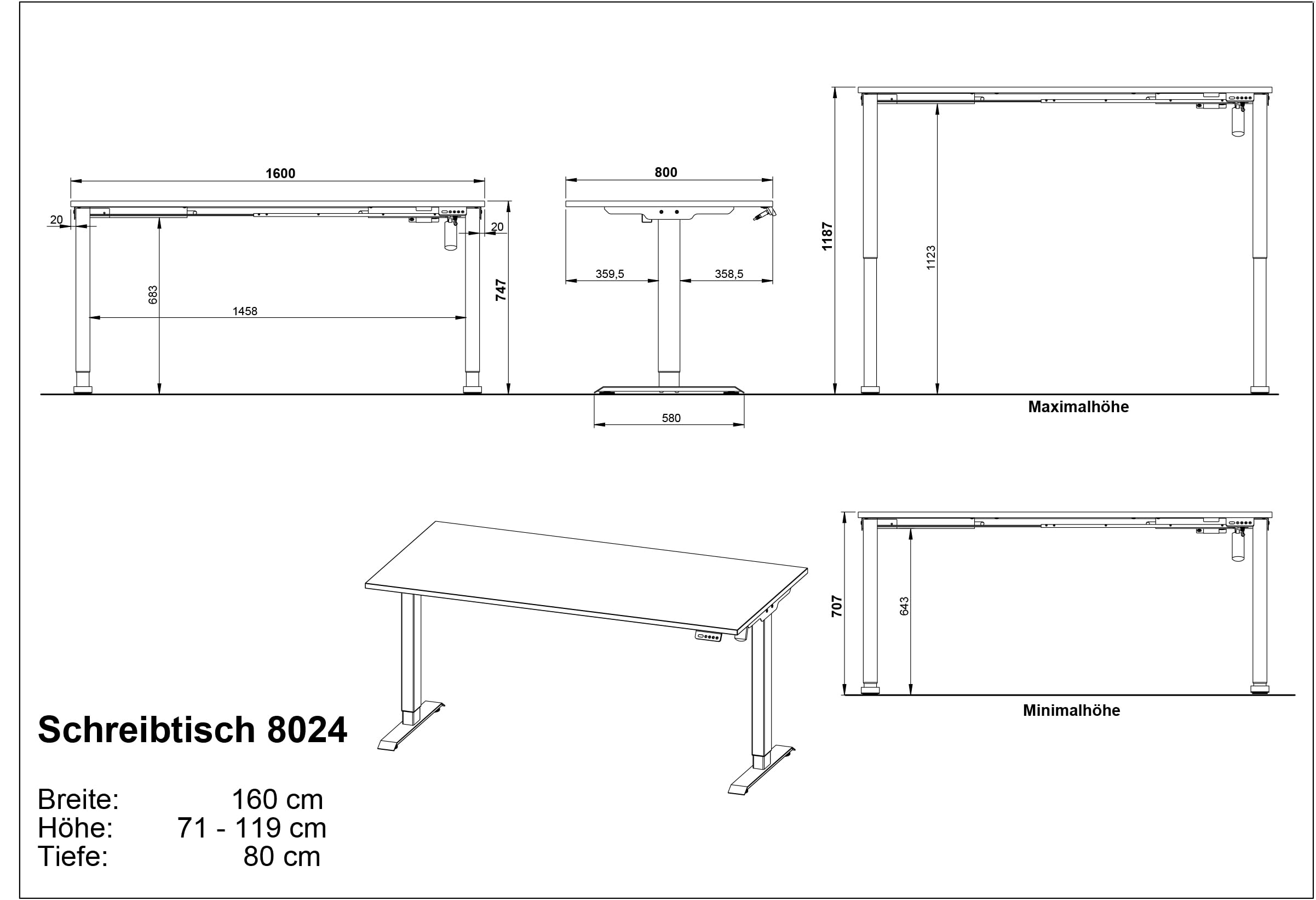 Germania Scrivania 8024-242, in rovere Navarra repro/bianco, regolabile elettricamente in altezza, 160 x 119 x 80 cm (LxAxP)