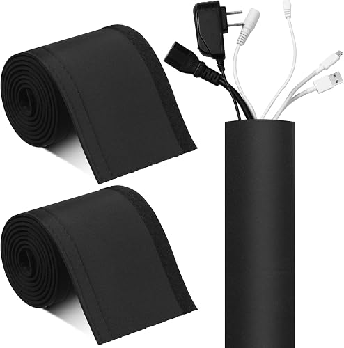 Poen 2 Rolls 60 Inch Cable Management Sleeve Trolling Motor Cable Sleeve Neoprene Cord Organizer Reversible Flexible Wrap Cover DIY Adjustable Hole Wire Protect for Office Computer Home, Black
