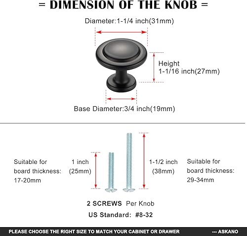 Miniatura 6 de ASKANO Paquete de 10 pomos redondos negros para armario de cocina, ZK2209, manija clásica, herrajes sólidos para cajón, tocador, baño, tocador,