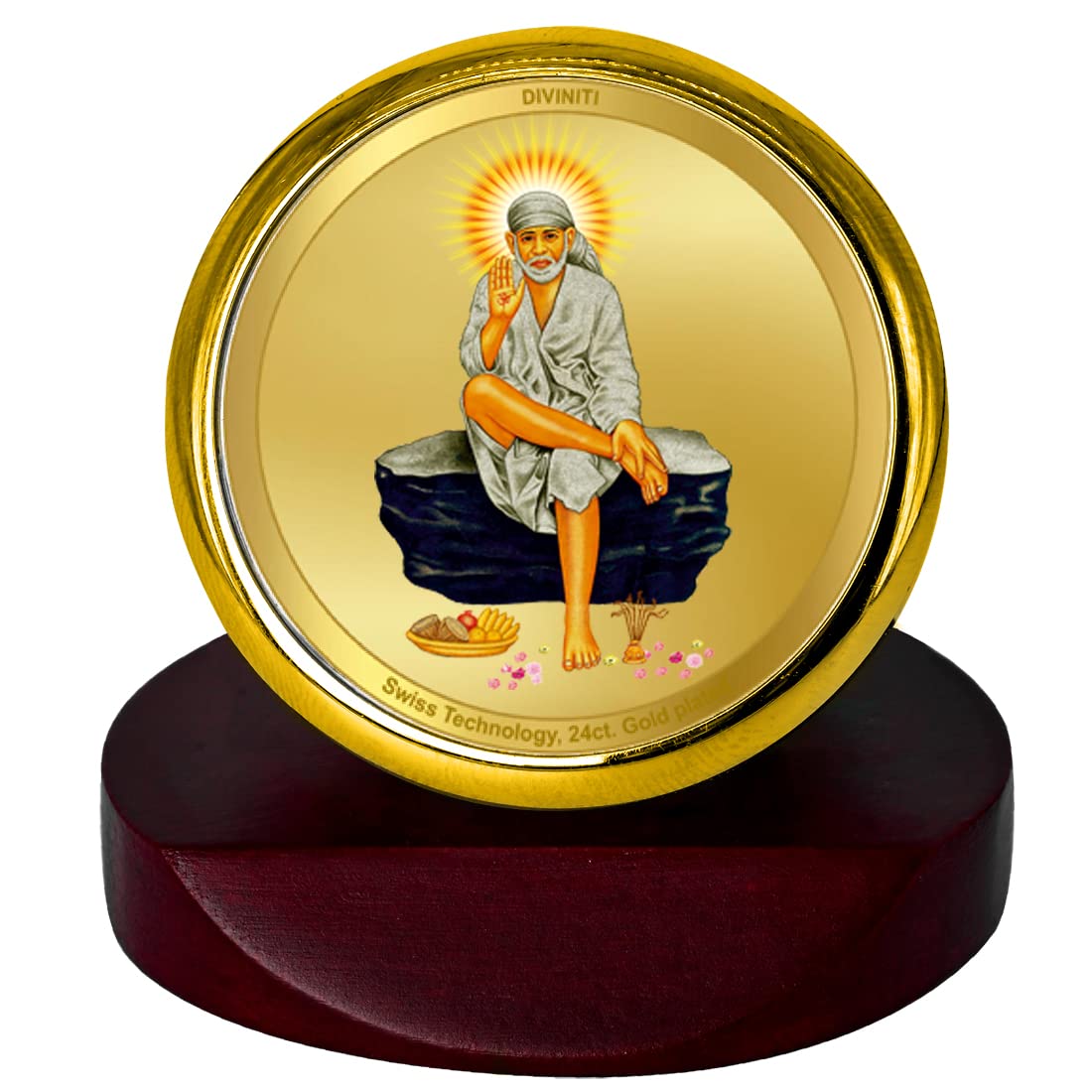DIVINITI 24K Gold Plated Foil Sai Baba Photo Frame for Car Dashboard, Car Idol, Table Decor|Religious Pooja, Prayer MCF 1C Gold Frame for Gift (5.5x5.0 CM)