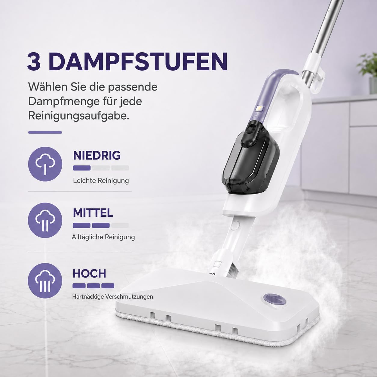 Dampfreiniger Handdampfreiniger, abnehmbar und multifunktional | 470 ml Wassertank, 3 Dampfstufen, Duftfach und 5 m Kabel, Standfunktion, für Fliesen, Laminat, Vinyl, Fenster, Polster & Auto