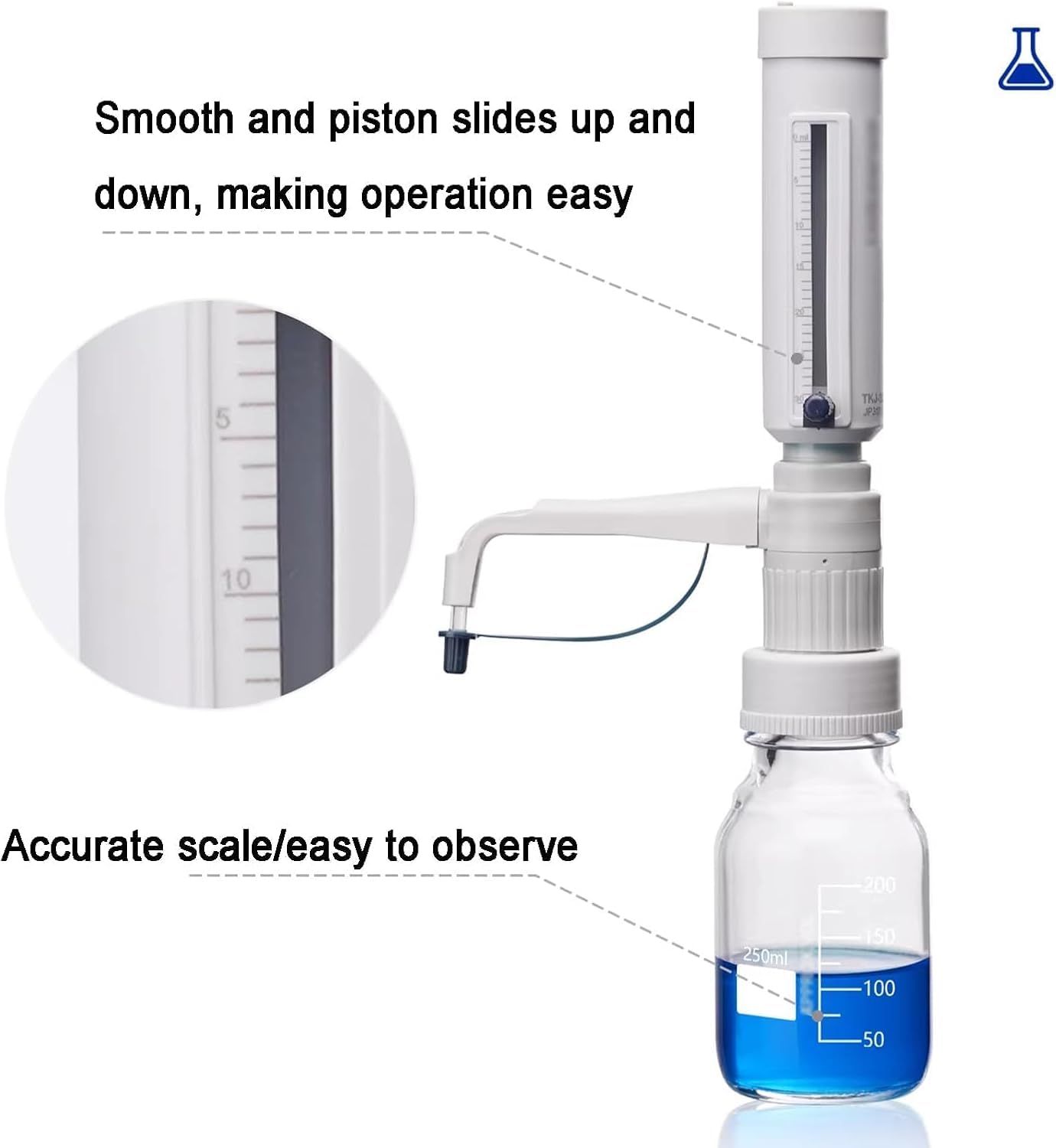 Labor-flüssigkeitsbürette, Flaschenaufsatz-dosierer, Quantitative Dosierer, Einstellbares Volumen 5–30 Ml, Mit 5 Gl-gewindeadaptern, Dosiert Reagenzien Präzise Aus Laborflaschen. 250ml
