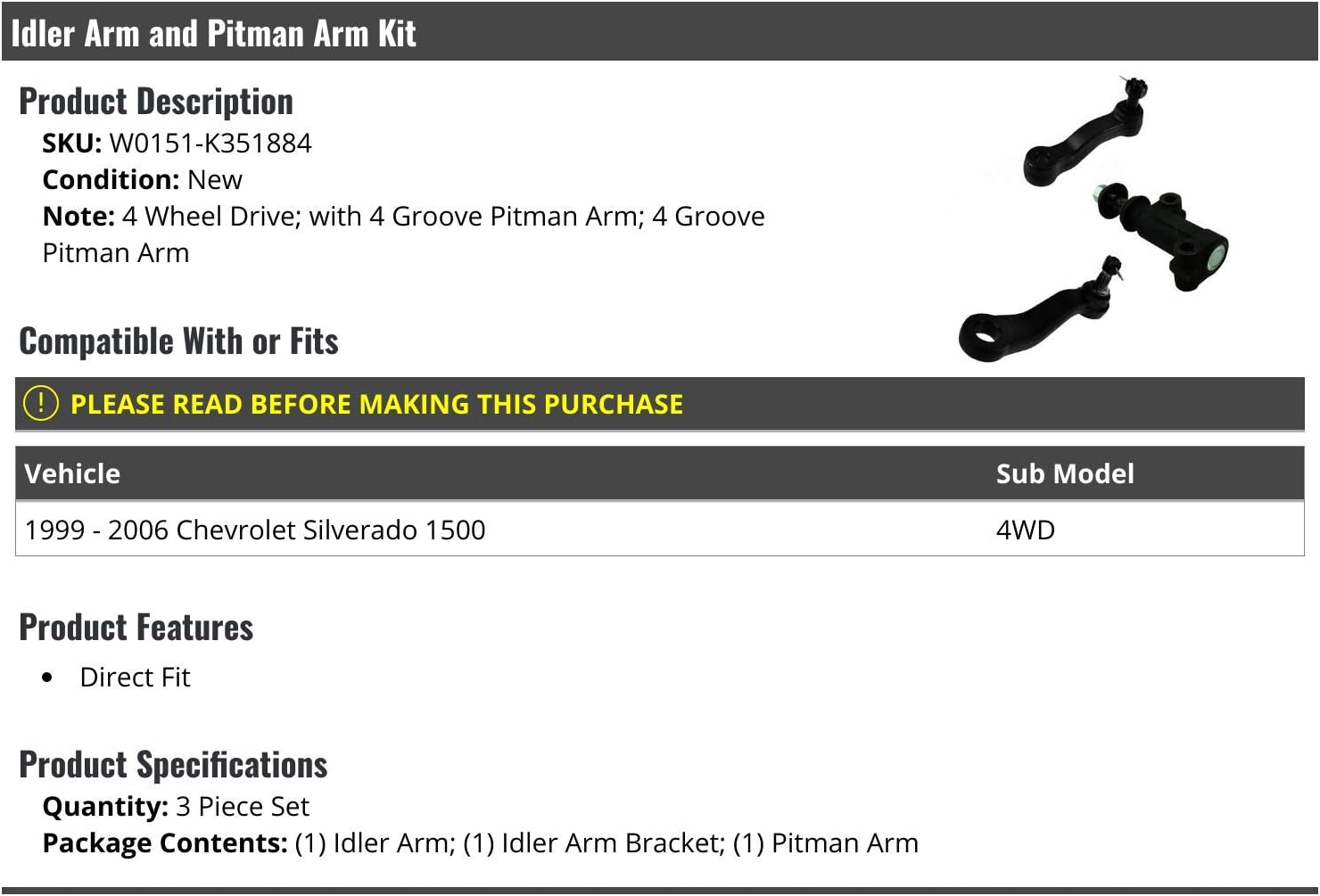 Marketplace Auto Parts Idler Arm and Pitman Arm Kit 3 Piece Set - Compatible with 1999-2006 Chevy Silverado 1500 4WD with 4 Groove Pitman Arm