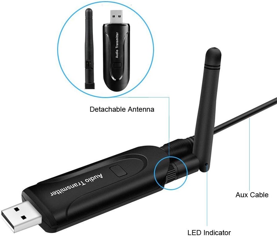 Wireless Bluetooth 4.1 Stereo Audio Transmitter 3.5mm USB Audio Dongle Adapter for 3.5mm Audio Device TV DVD PC with External Antenna (Not Bluetooth Receiver)