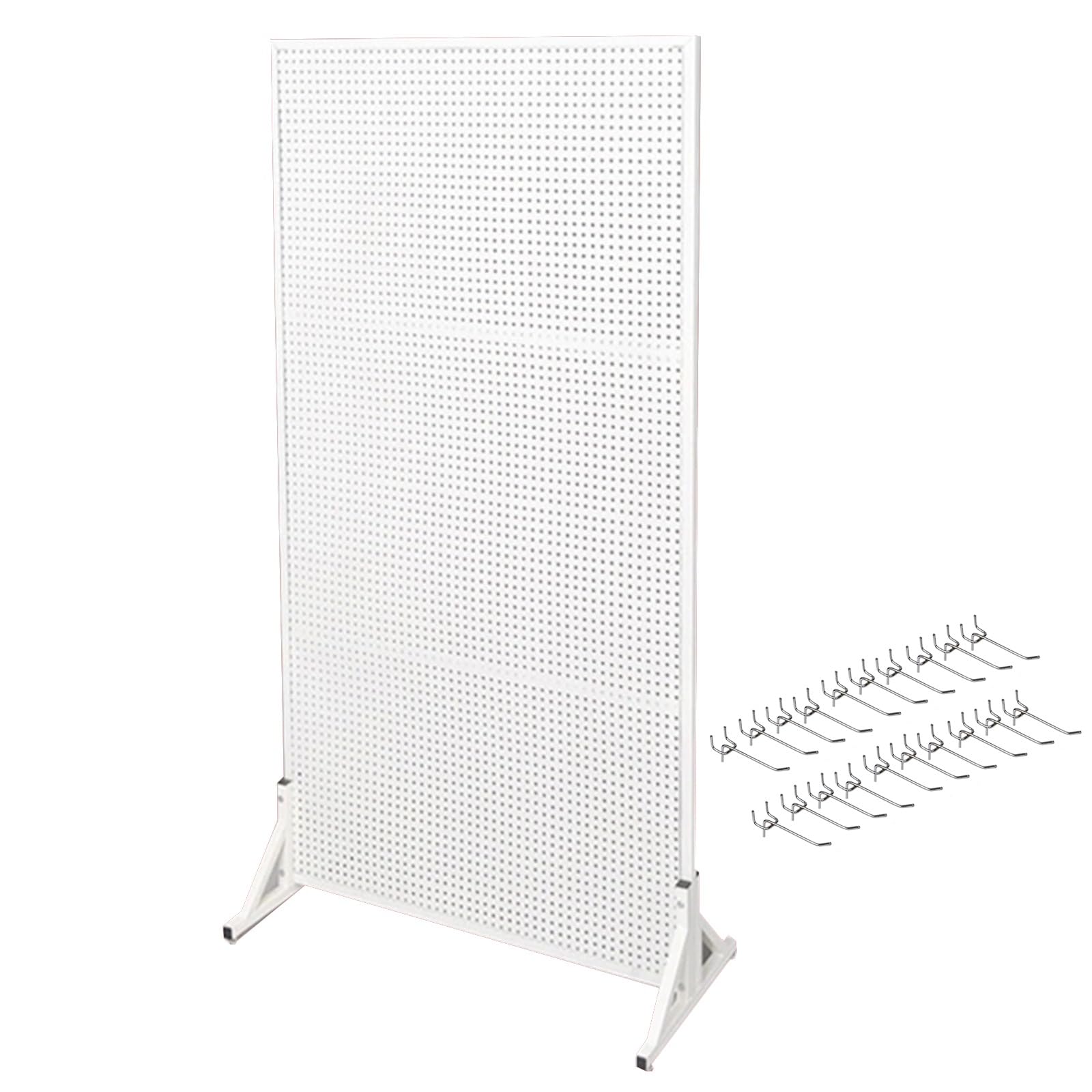 Generico Espositore bifacciale in Metallo con Pannello Forato e 20 Ganci - Organizzatore da Pavimento per supermercati, Magazzini e officine (Bianco, 50x150 cm / 20x59 Pollici)