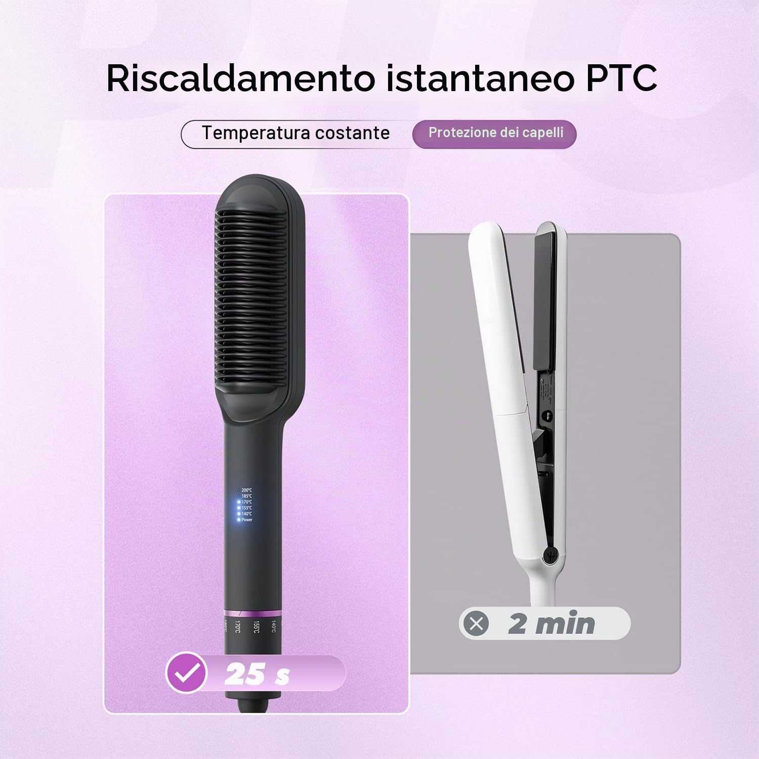 Spazzola Lisciante in Ceramica, Piastra per Capelli con Riscaldamento PTC in 25s, 5 Temperature Regolabili (140–200°C), Anti-Scottatura, Spazzola Termica per Styling Veloce