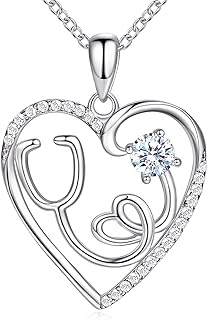 AmorAime 925 Sterling Silver Heart Necklace Nurse Birthstone Necklace 14K Gold Plated or Rose