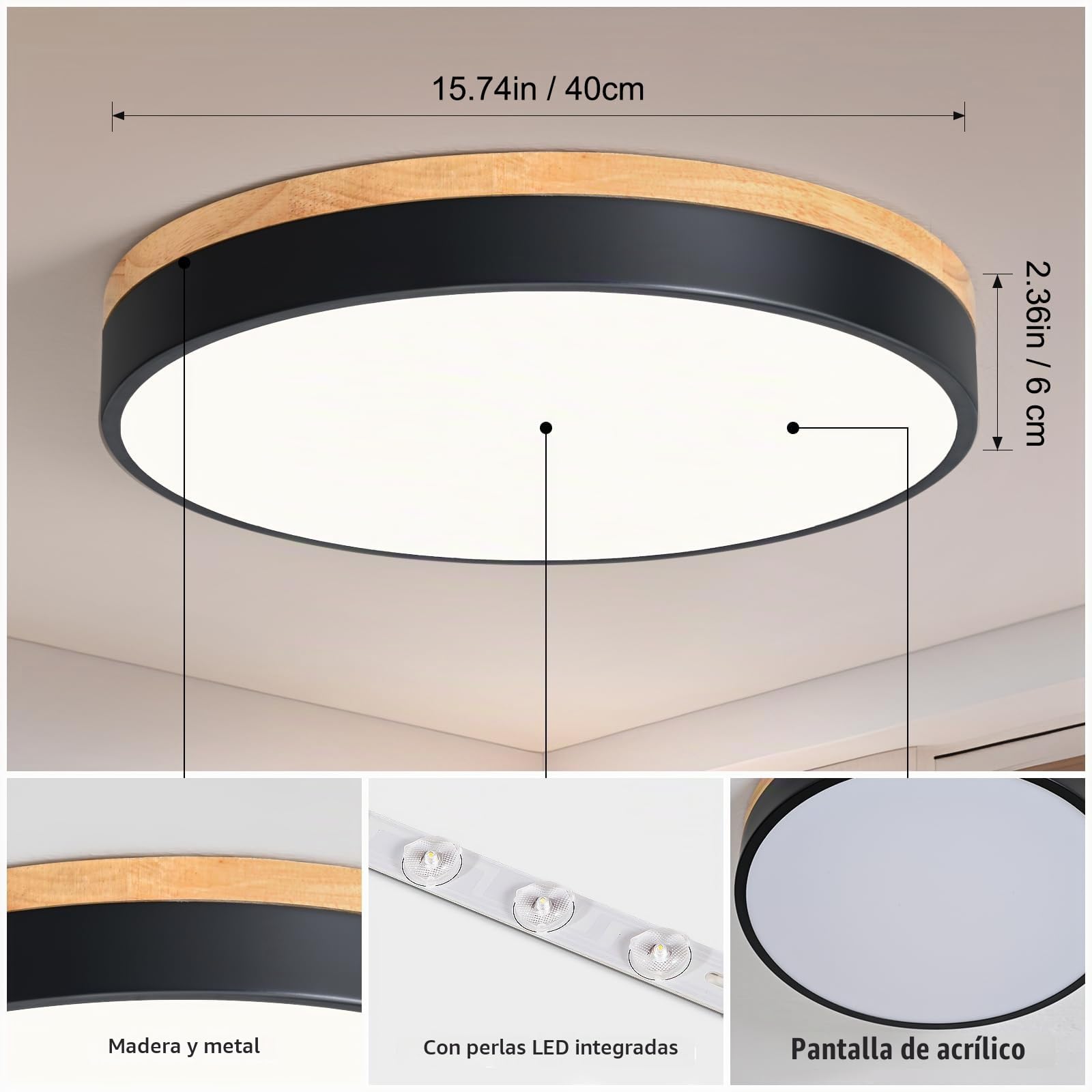 Plafon Led Techo, Plafon Techo Negro, 4000K, 36W, Ø40 cm | Moderna Lampara Techo Madera, para Dormitorio, Sala de Estar, Comedor, Cocina, Pasillo