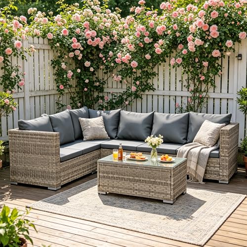 Aweather 6 Seater Rattan Garden Furniture Outdoor Corner Sofa Set, All-Weather PE Rattan Wicker...