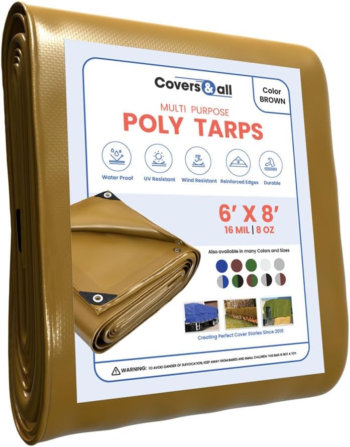 Covers & All Waterproof Plastic Tarp, 8 Oz, 250 GSM, 16 Mil Thick, Wind & UV Resistant Multipurpose Poly Camping Tarp with Reinforced Edges & Rust Proof Grommets (6" L x 8" W, Brown)