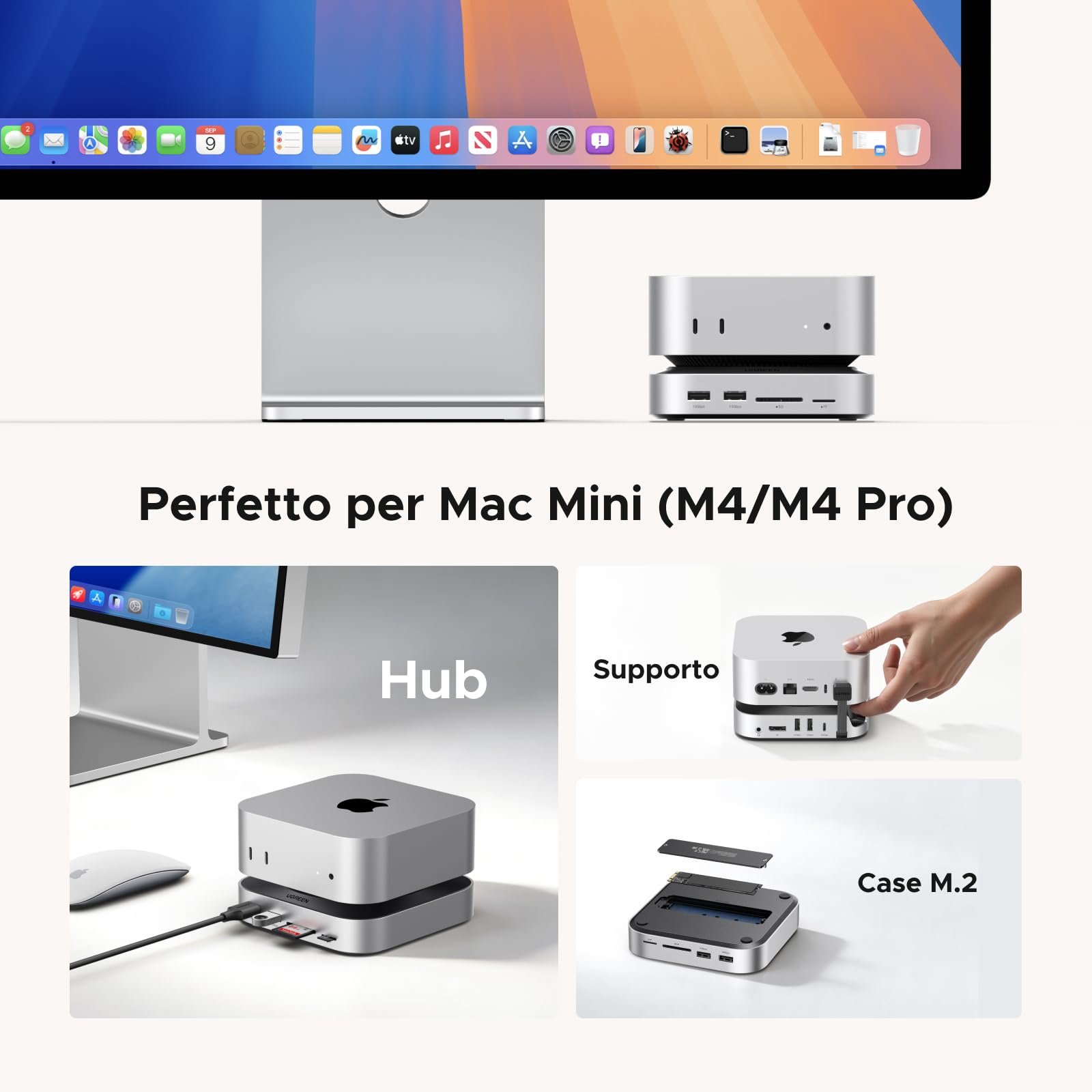 UGREEN Docking Station Hub USB C e Supporto per Mac Mini M4 e M4 Pro | 10 in 2, con Boîtier M.2 NVME SSD, DisplayPort 4K 240Hz 144Hz, 5 Porte USB 4A1C 10Gbps, Lettore di Schede SD TF, 3.5mm Aux