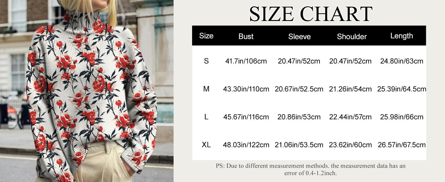 Womens Floral Turtleneck Sweaters Vintage Casual Fall Knit Jumper Tops Comfy High Neck Long Sleeve Pullover Sweater - Image 8