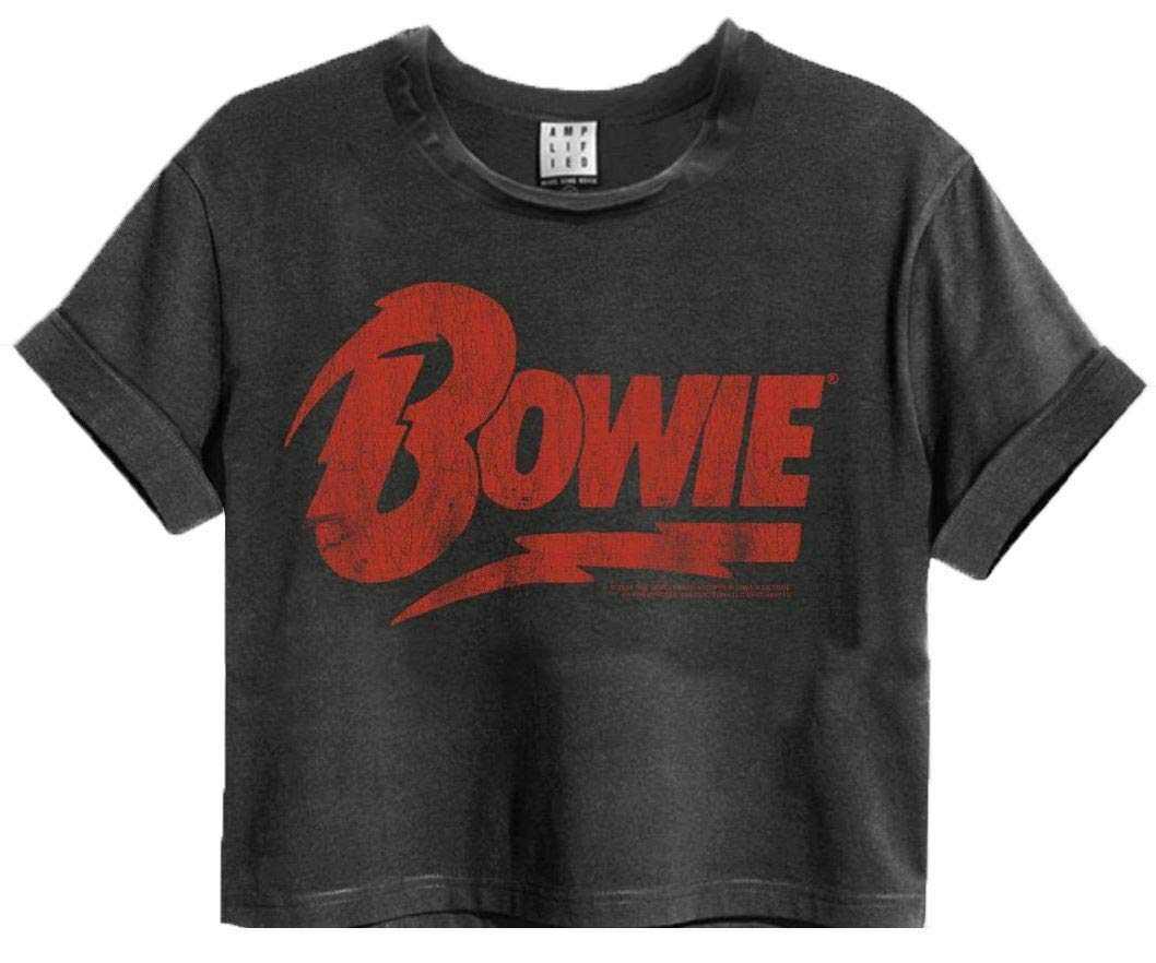Amplified David Bowie T-Shirt Cropped for Women | Ladies Band Music Logo Crop Grey Top | Festival Merchandise