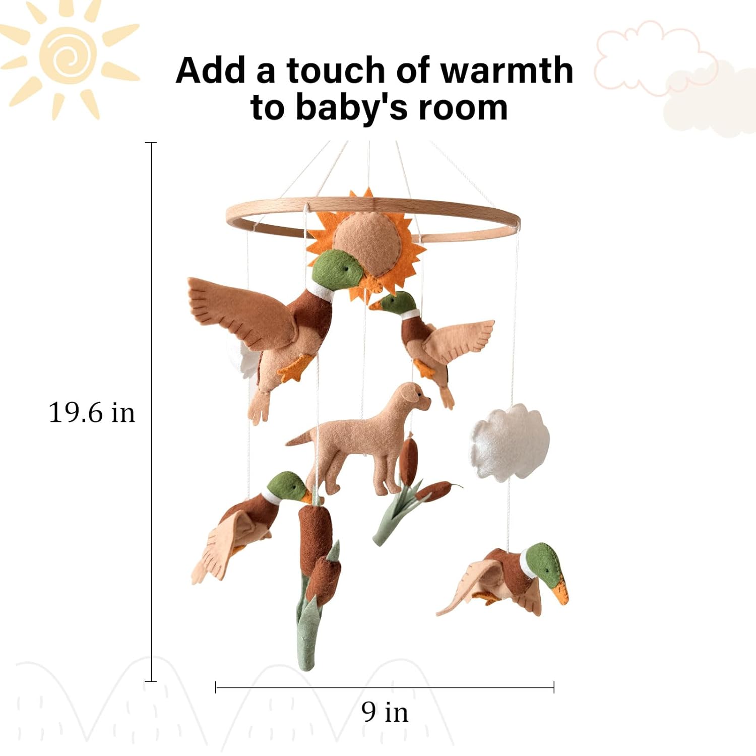 Mallard Duck Baby Crib Mobile, Handmade Felt Dog Mobile for Crib, Nursery Decor for Boys & Girls, Hunting Neutral Baby Shower Gift, with Mallard Duck, Sun & Clouds